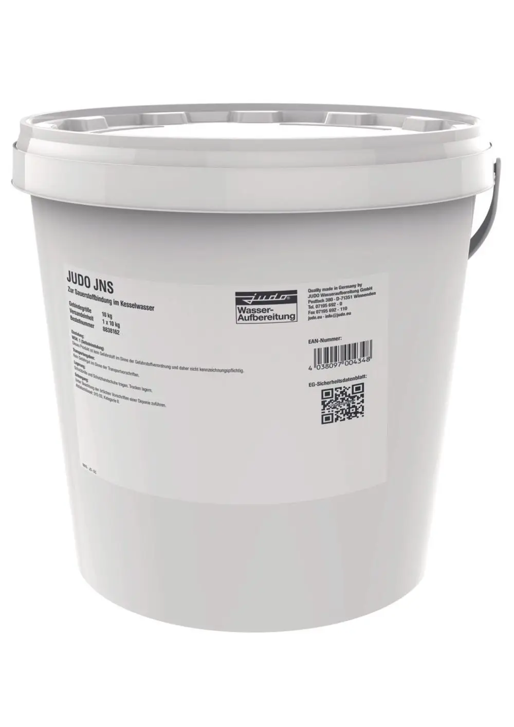 Weißer Eimer mit Judo-Logo und Produktinformationen. Enthält Dosierwirkstoff für die Wasseraufbereitung. Sichtbare Barcode und QR-Code auf der Rückseite.